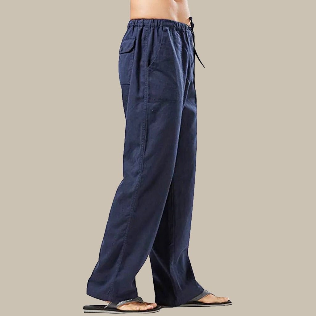 Straight Leg Linen Cargo Trousers for Men - Dark Blue