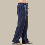 Straight Leg Linen Cargo Trousers for Men - Dark Blue
