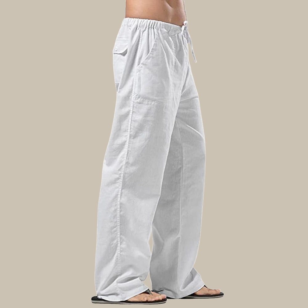 Straight Leg Linen Cargo Trousers for Men - White