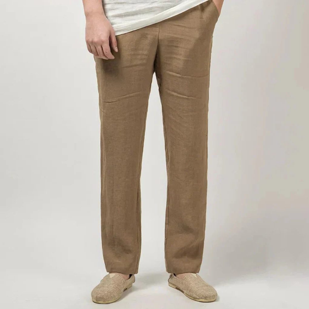 Straight Leg Linen Trousers for Men - Khaki