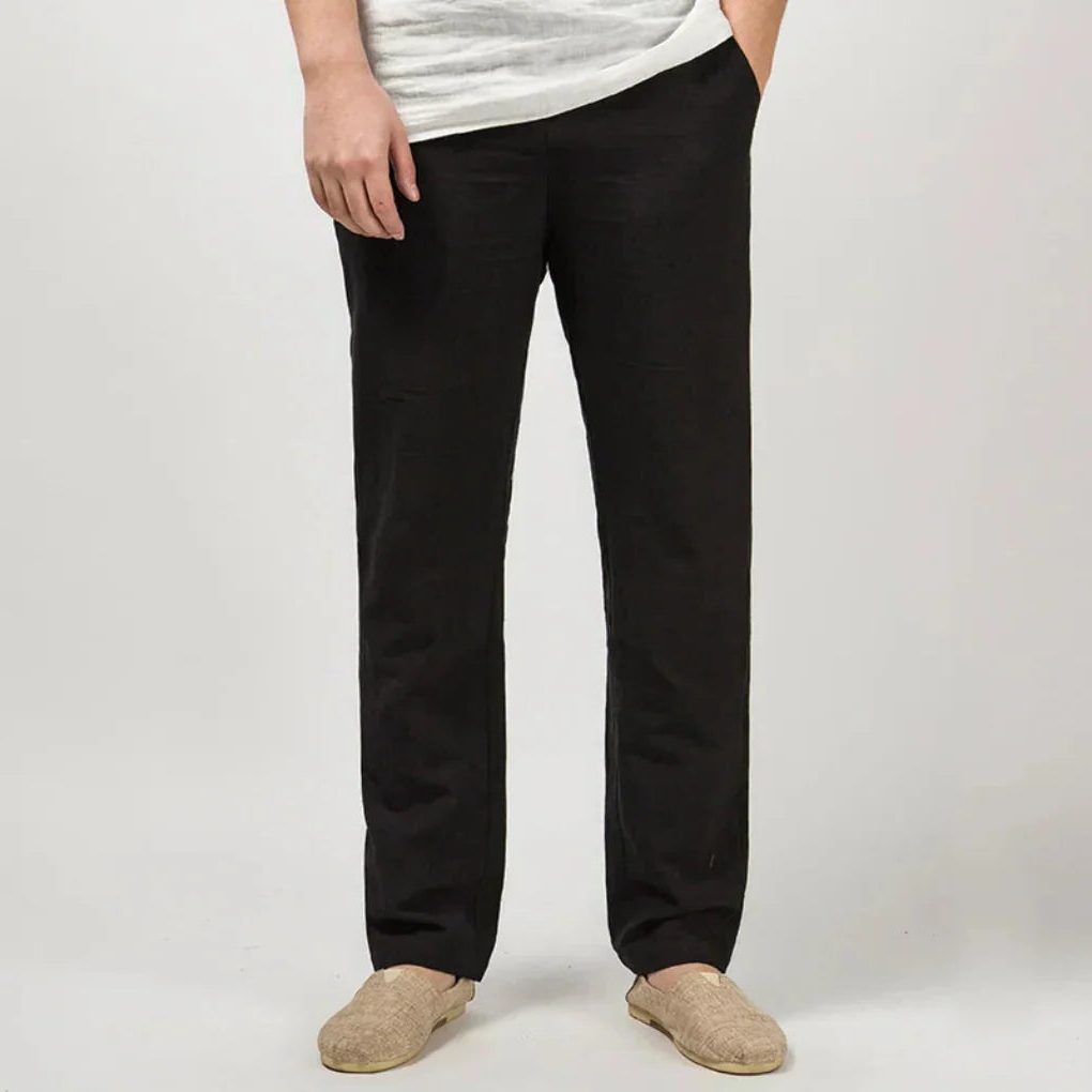 Straight Leg Linen Trousers for Men - Black