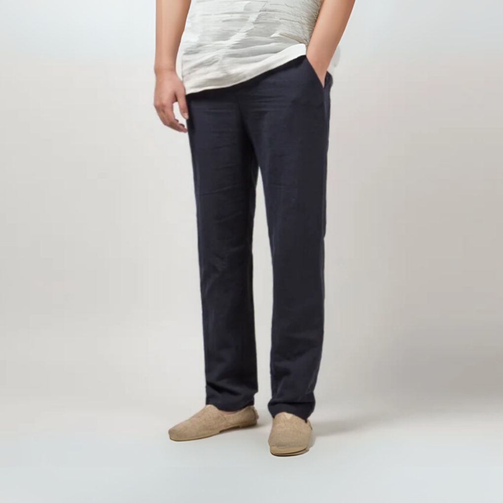 Straight Leg Linen Trousers for Men - Navy Blue