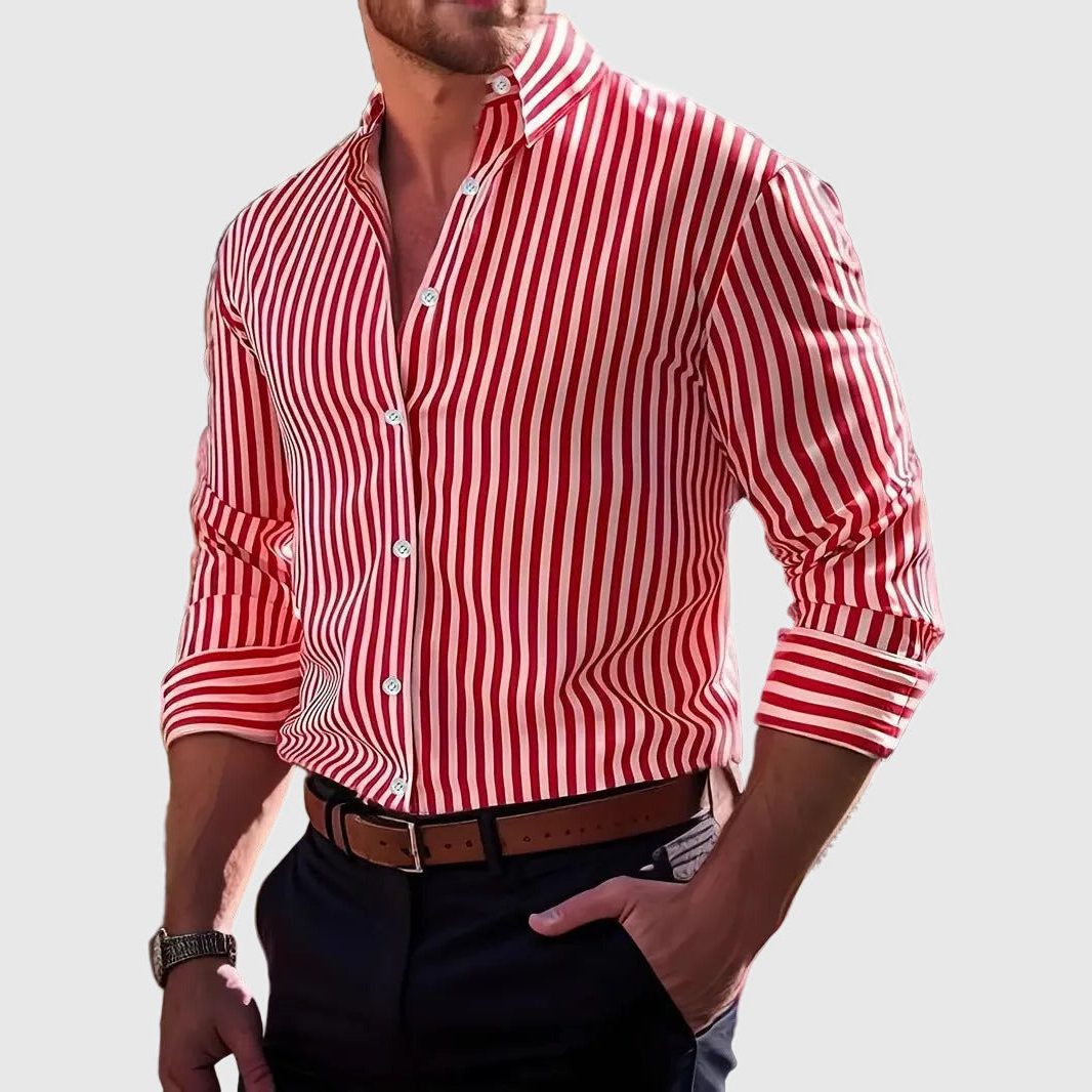 Striped Button-Down Long Sleeve Shirt for Men - Red