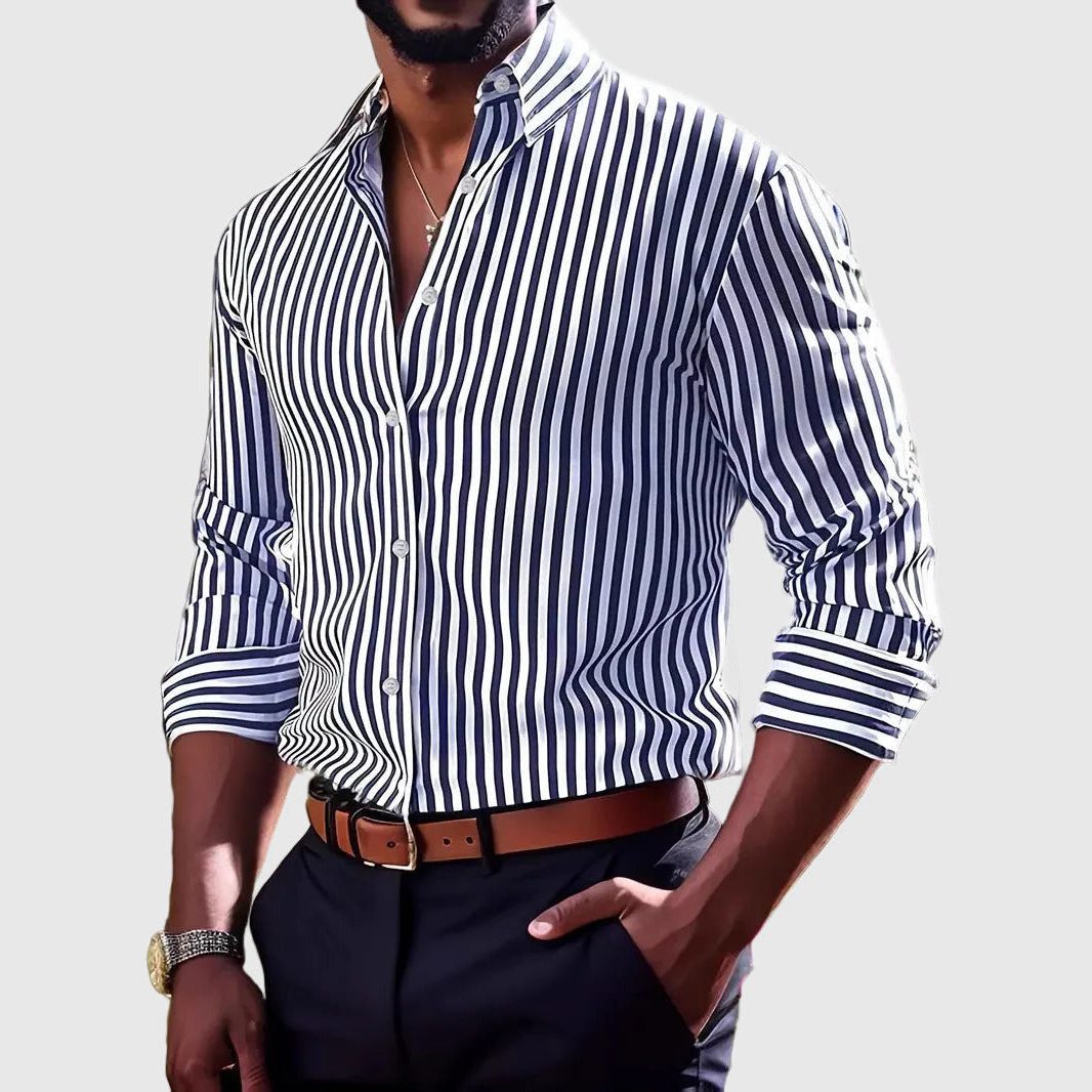Striped Button-Down Long Sleeve Shirt for Men - Blue