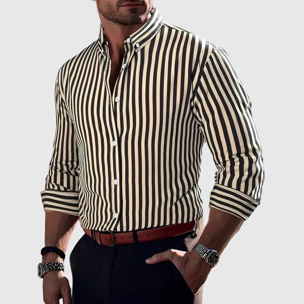 Striped Button-Down Long Sleeve Shirt for Men - Yellow