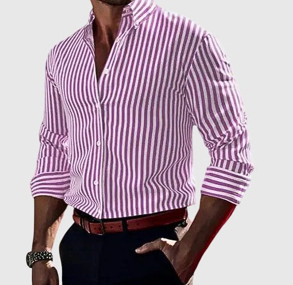 Striped Button-Down Long Sleeve Shirt for Men - Pink
