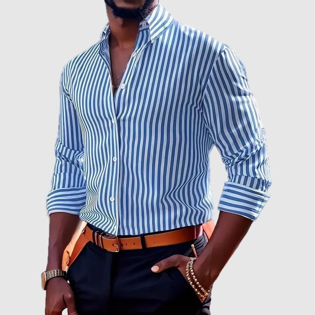 Striped Button-Down Long Sleeve Shirt for Men - Light Blue