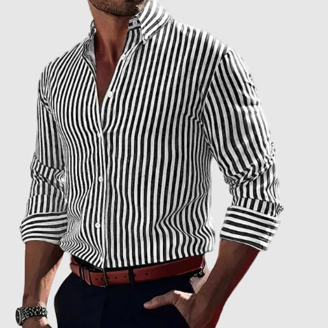 Striped Button-Down Long Sleeve Shirt for Men - Black