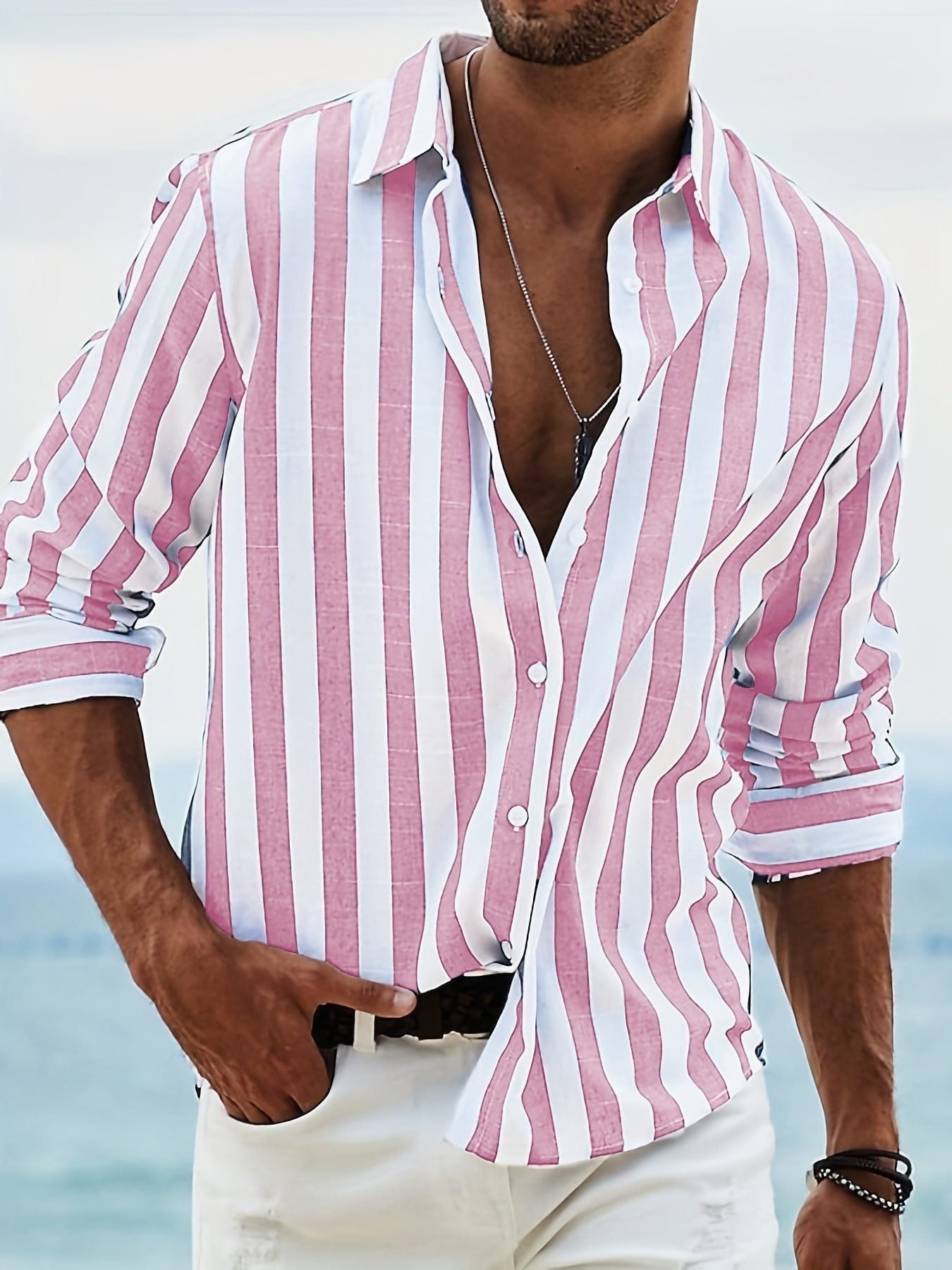 Striped Button-Down Shirt for Men - Pink