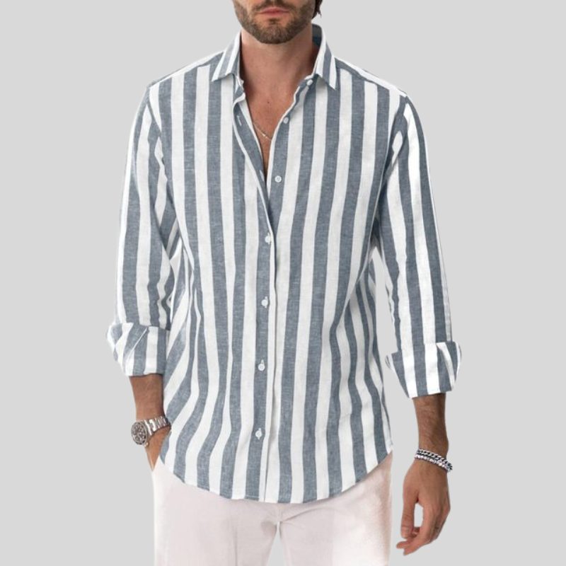 Striped Linen Button-Down Shirt for Men - Light Blue