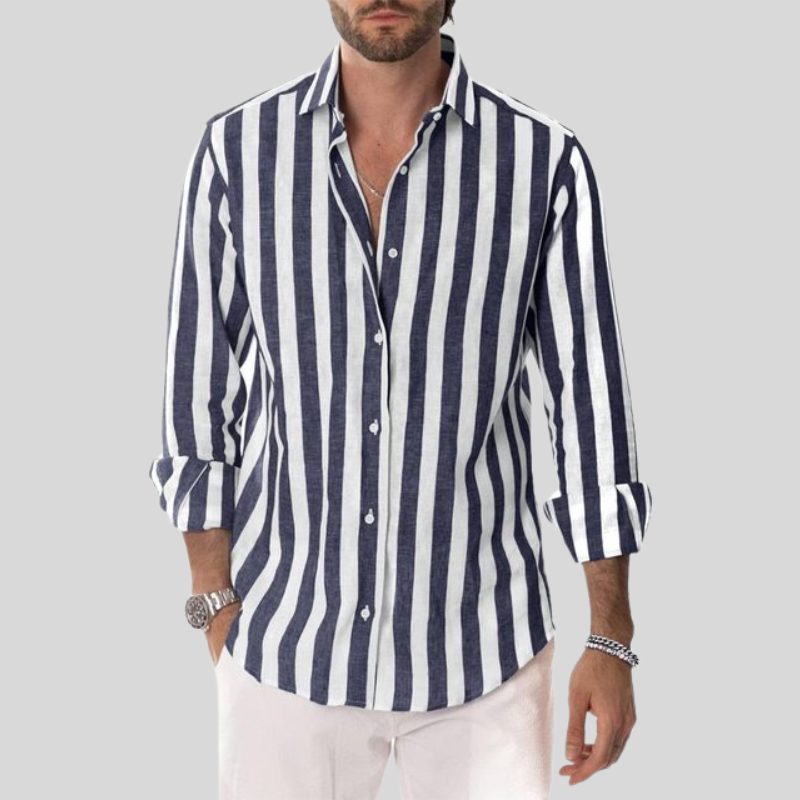 Striped Linen Button-Down Shirt for Men - Navy Blue