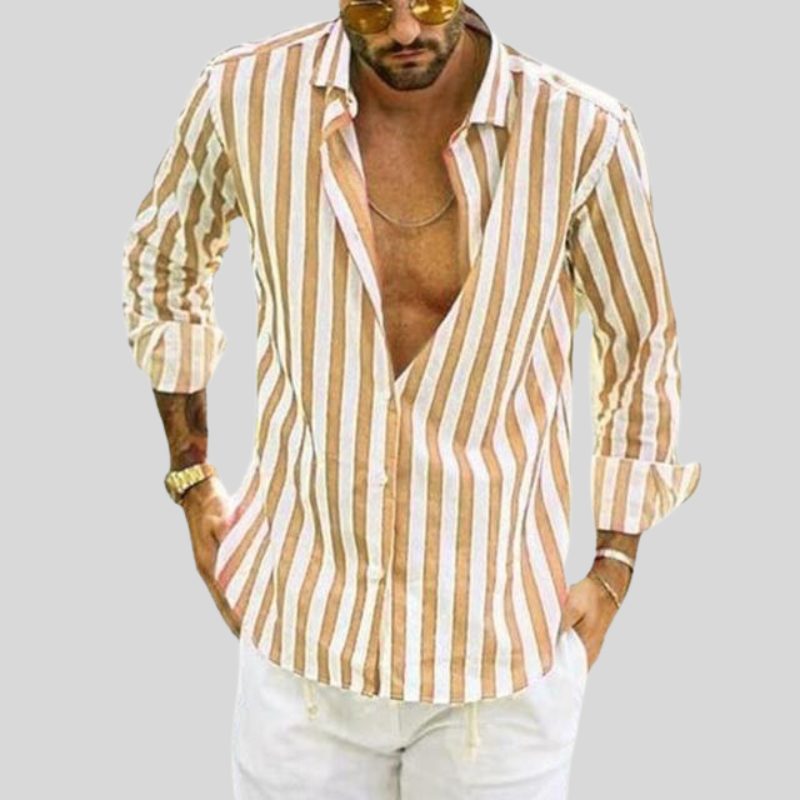 Striped Linen Button-Down Shirt for Men - Yellow