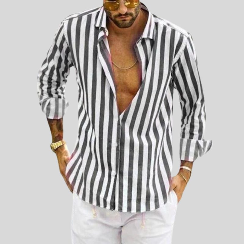 Striped Linen Button-Down Shirt for Men - Gray
