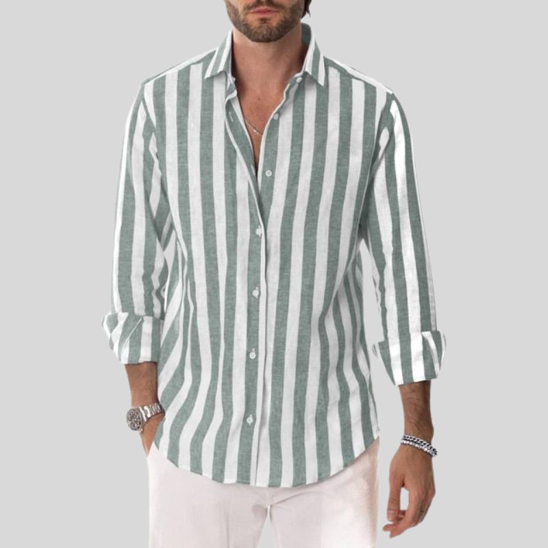 Striped Linen Button-Down Shirt for Men - Green