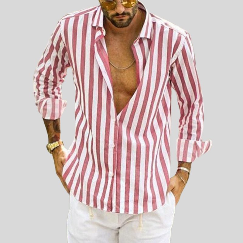 Striped Linen Button-Down Shirt for Men - Pink