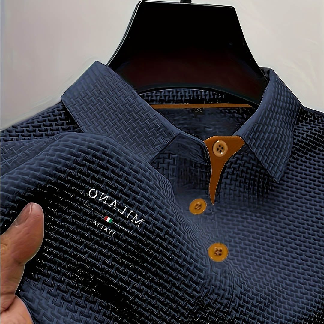 Textured Button-Down Polo Shirt for Men - Navy Blue