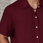 Textured Cuban Collar Short Sleeve Shirt for Men - Burgundy