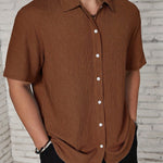 Textured Cuban Collar Short Sleeve Shirt for Men - Dark Brown