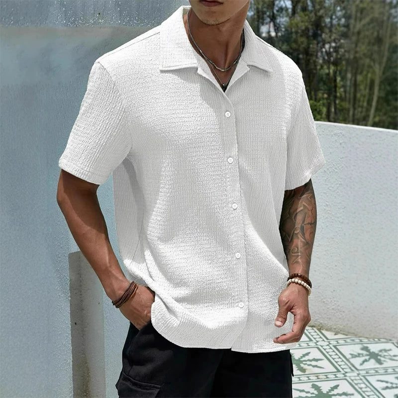 Textured Cuban Collar Short Sleeve Shirt for Men - White