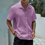Textured Cuban Collar Short Sleeve Shirt for Men - Purple