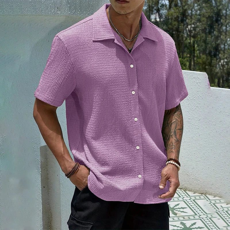 Textured Cuban Collar Short Sleeve Shirt for Men - Purple
