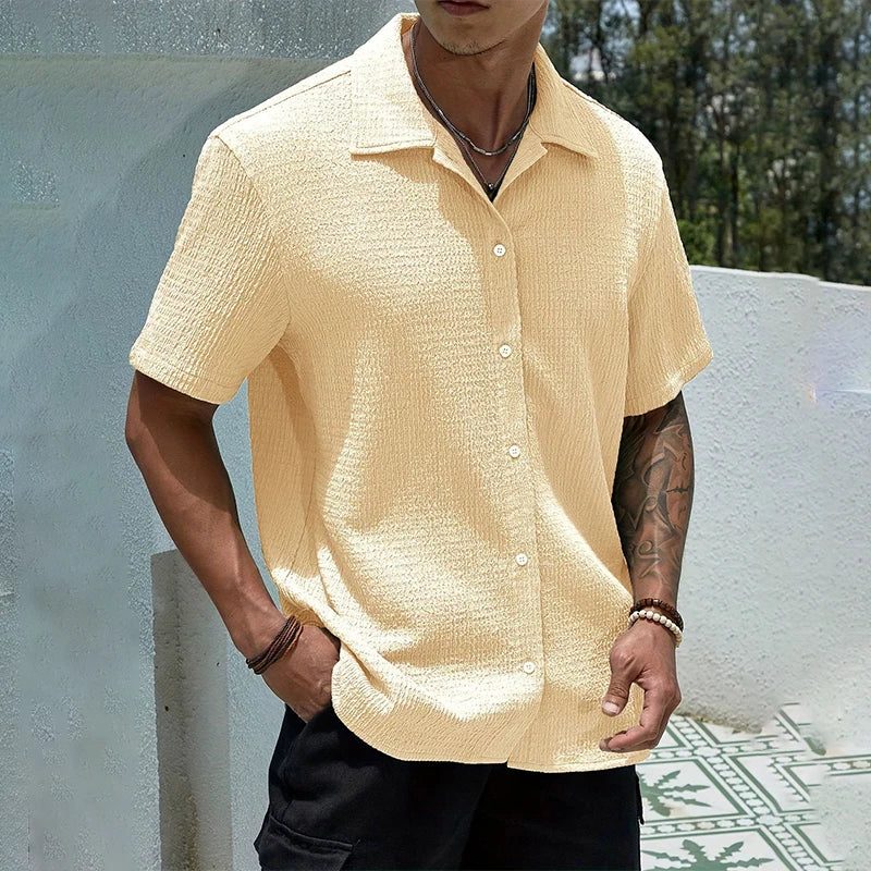 Textured Cuban Collar Short Sleeve Shirt for Men - Khaki