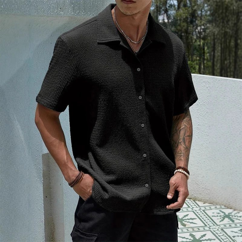 Textured Cuban Collar Short Sleeve Shirt for Men - Black