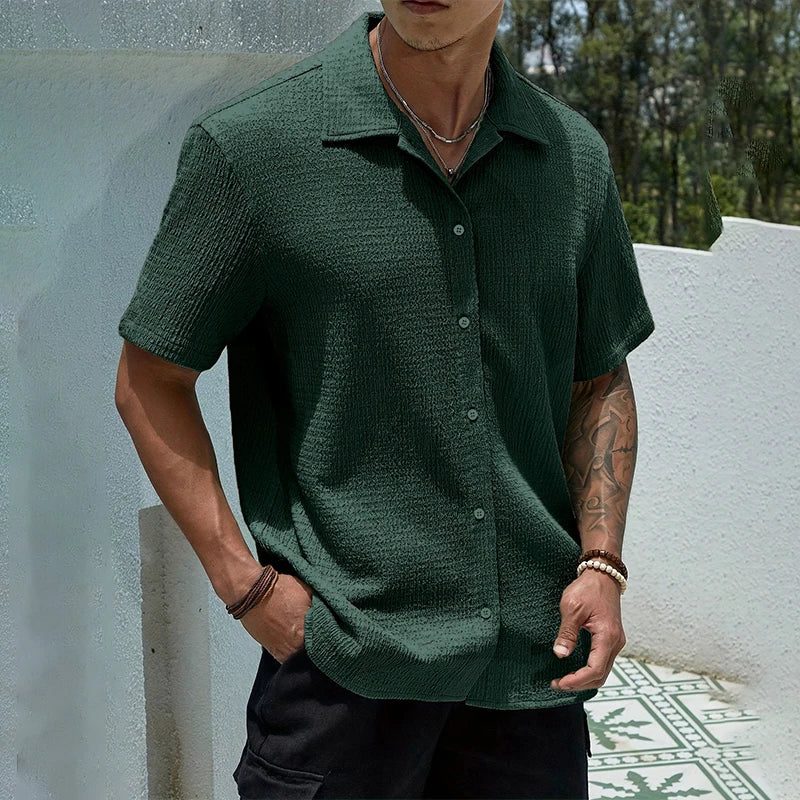 Textured Cuban Collar Short Sleeve Shirt for Men - Green