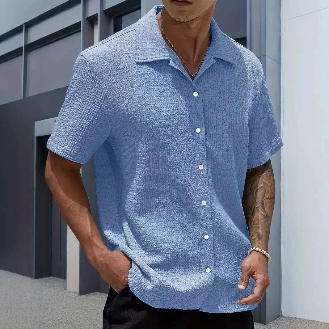 Textured Cuban Collar Short Sleeve Shirt for Men - Light Blue