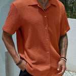 Textured Cuban Collar Short Sleeve Shirt for Men - Orange