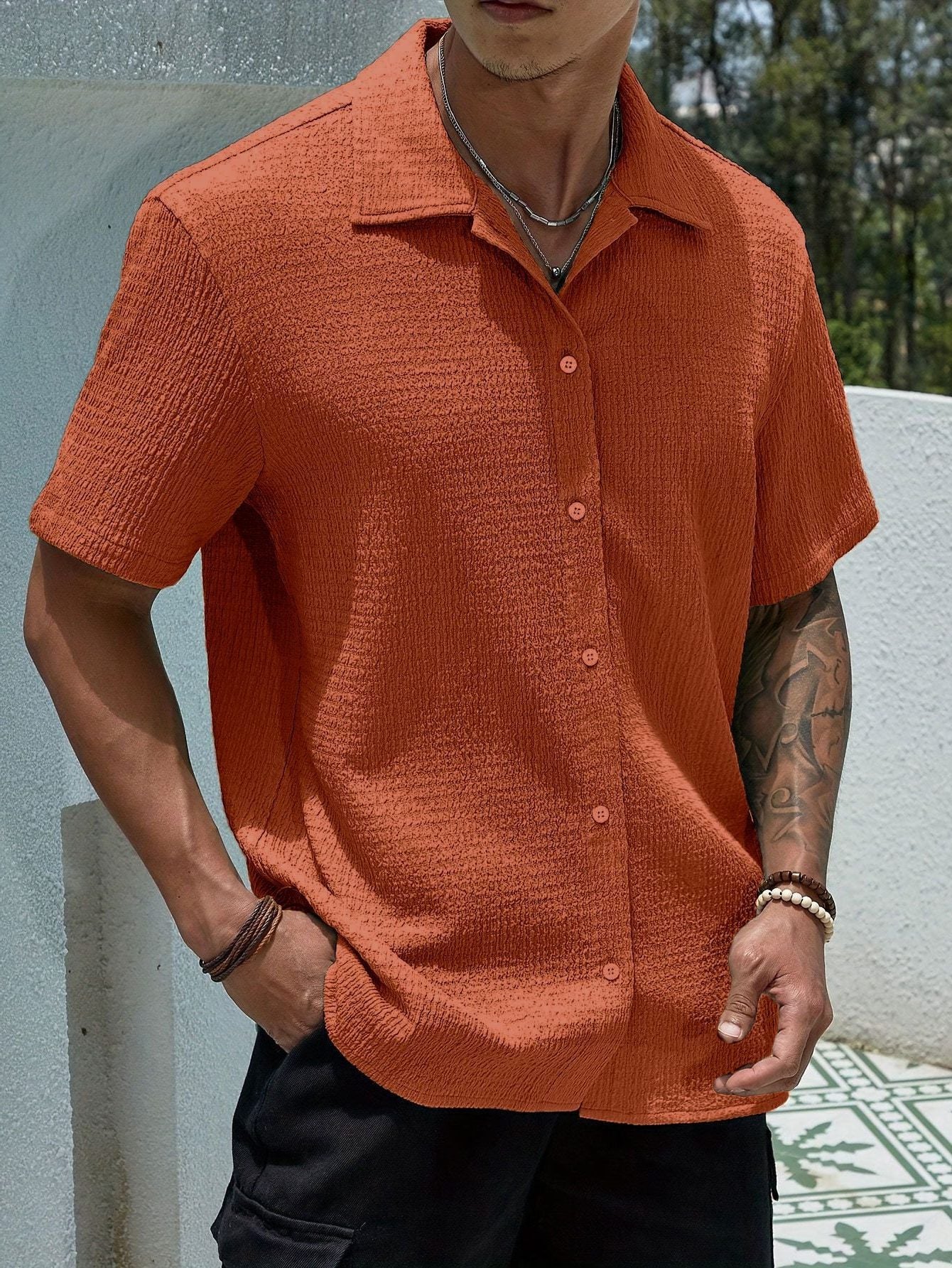 Textured Cuban Collar Short Sleeve Shirt for Men - Orange
