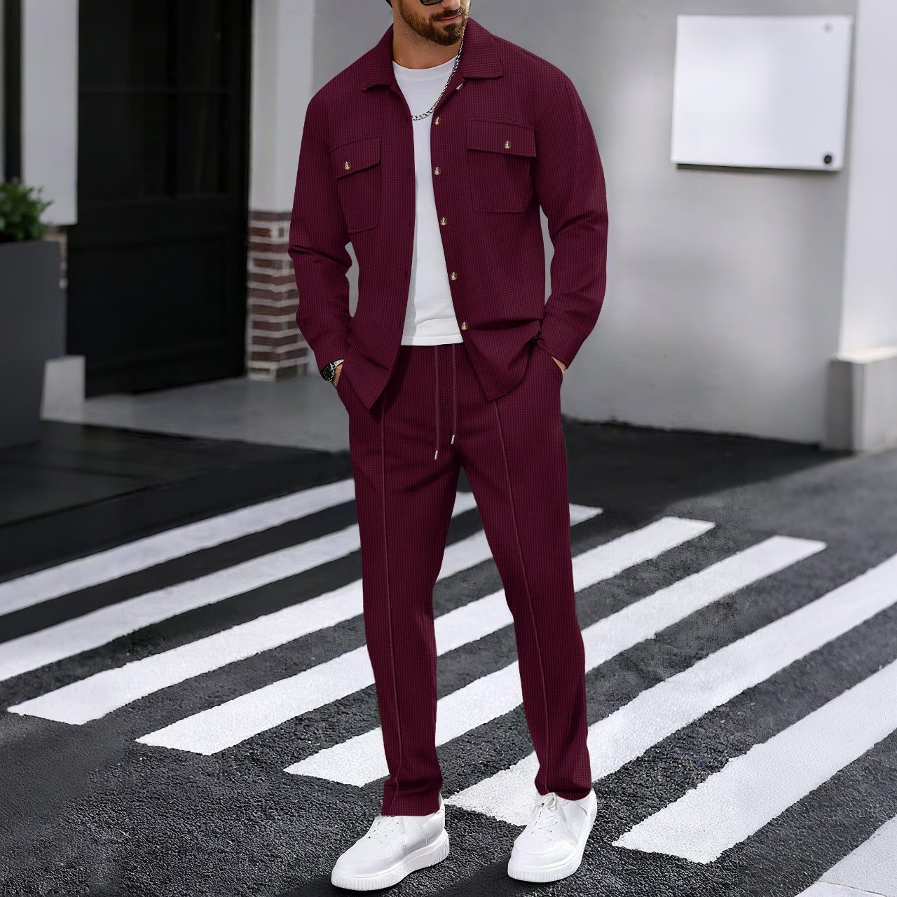 Textured Overshirt Set for Men - Red