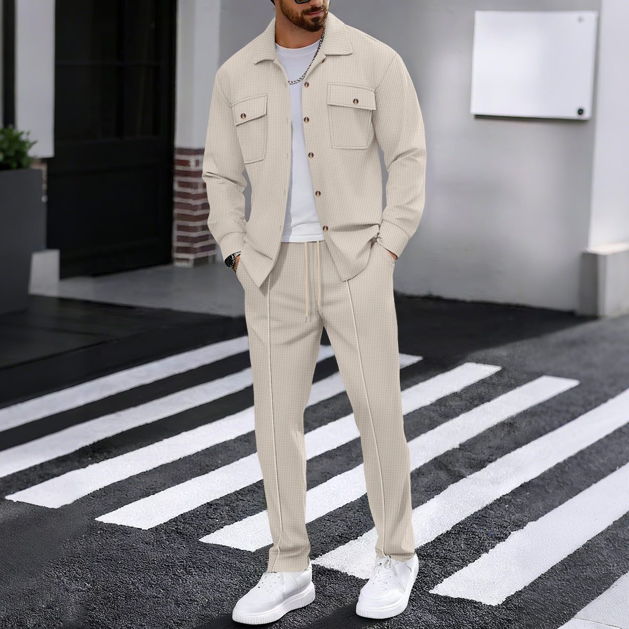 Textured Overshirt Set for Men - Khaki