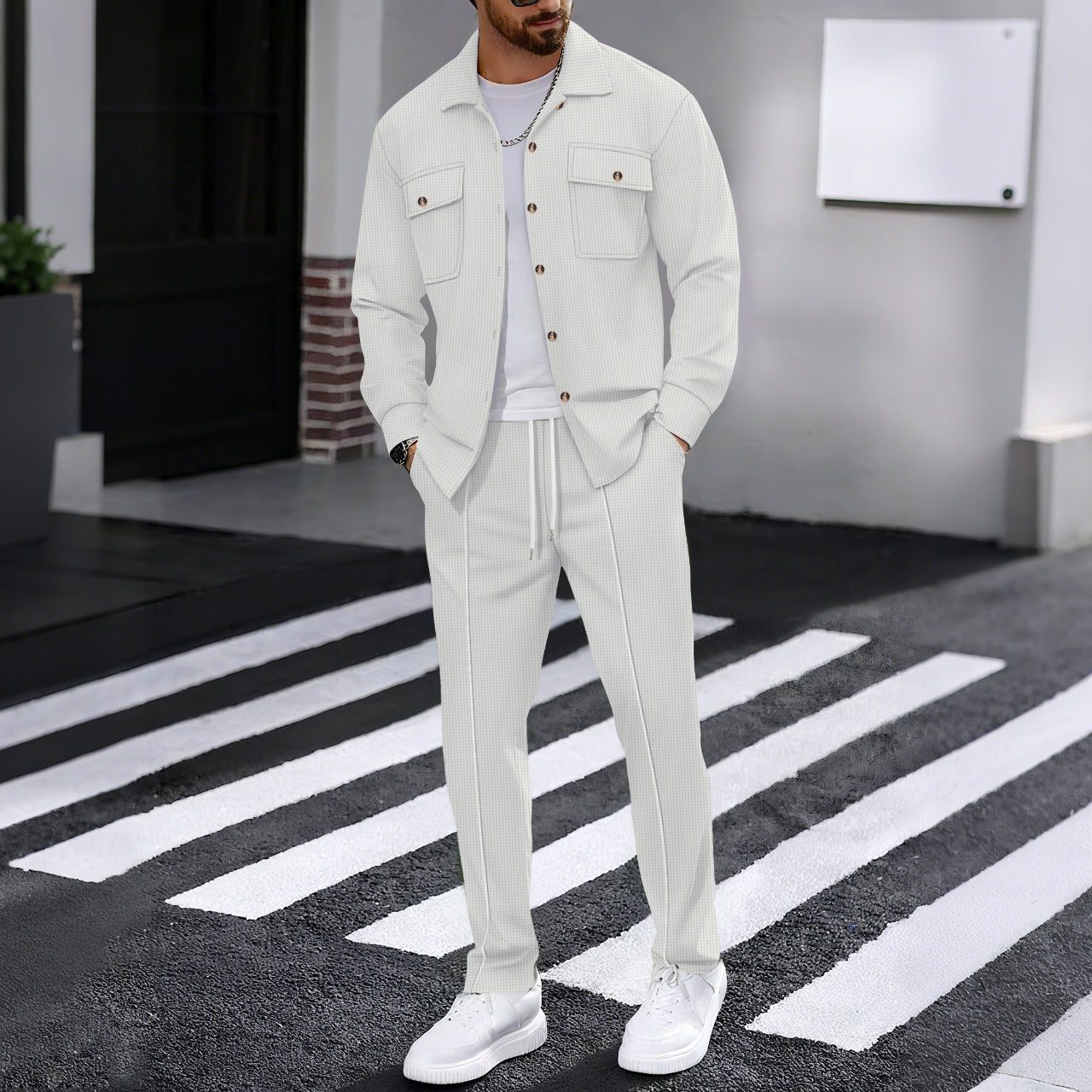 Textured Overshirt Set for Men - White