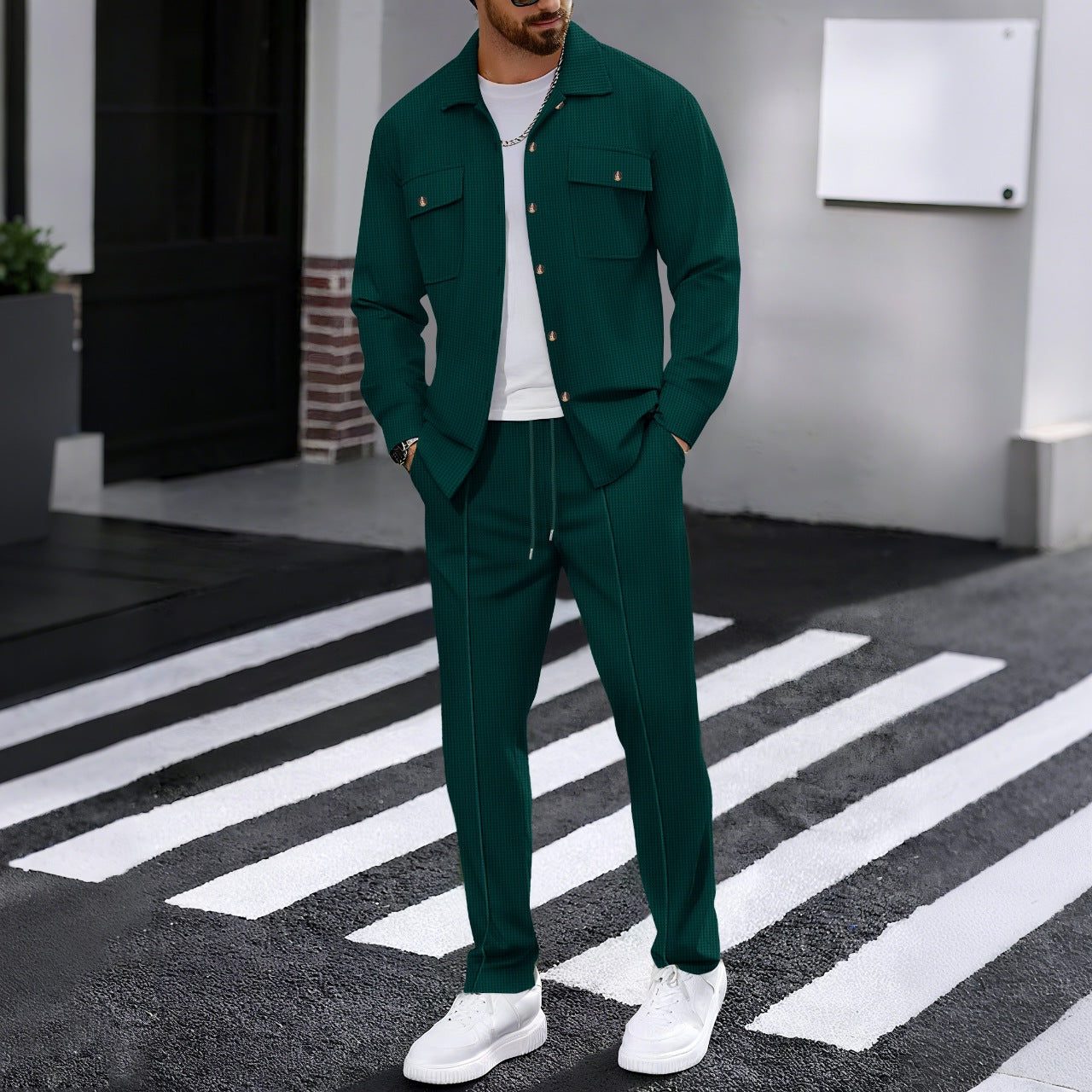 Textured Overshirt Set for Men - Green