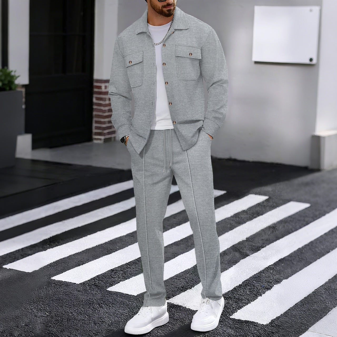 Textured Overshirt Set for Men - Gray