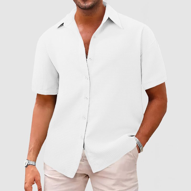 Textured Short Sleeve Button-Down Shirt for Men - White