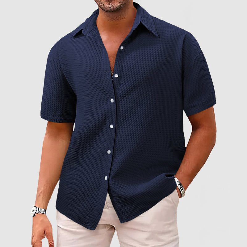 Textured Short Sleeve Button-Down Shirt for Men - Navy