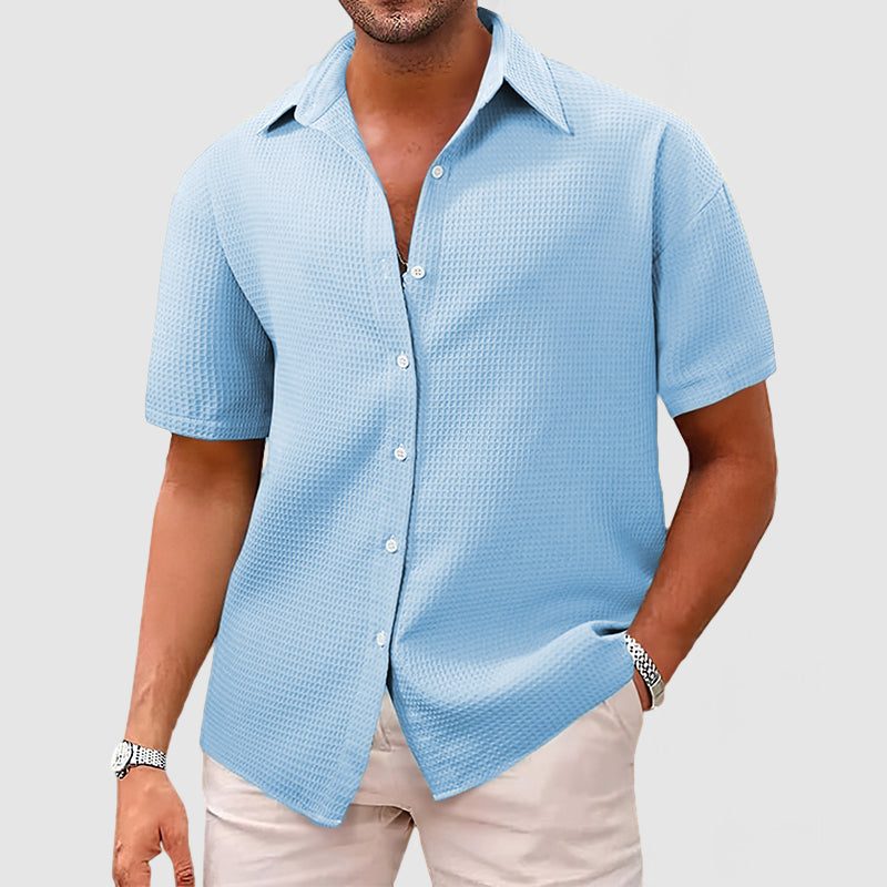 Textured Short Sleeve Button-Down Shirt for Men - Light Blue