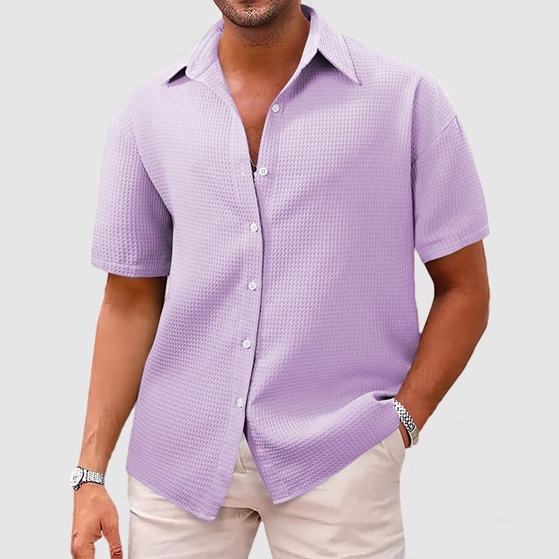 Textured Short Sleeve Button-Down Shirt for Men - Purple