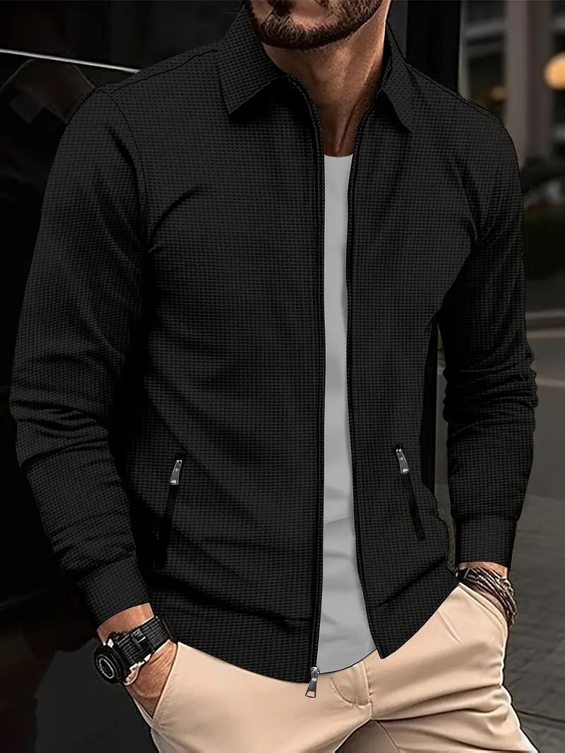 Textured Zip-Up Overshirt for Men - Black