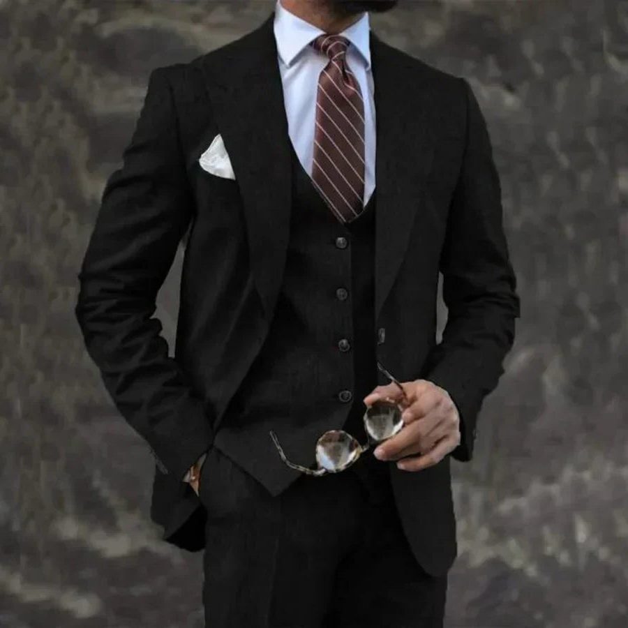 Three-Piece Double-Breasted Blazer Set for Men - Black