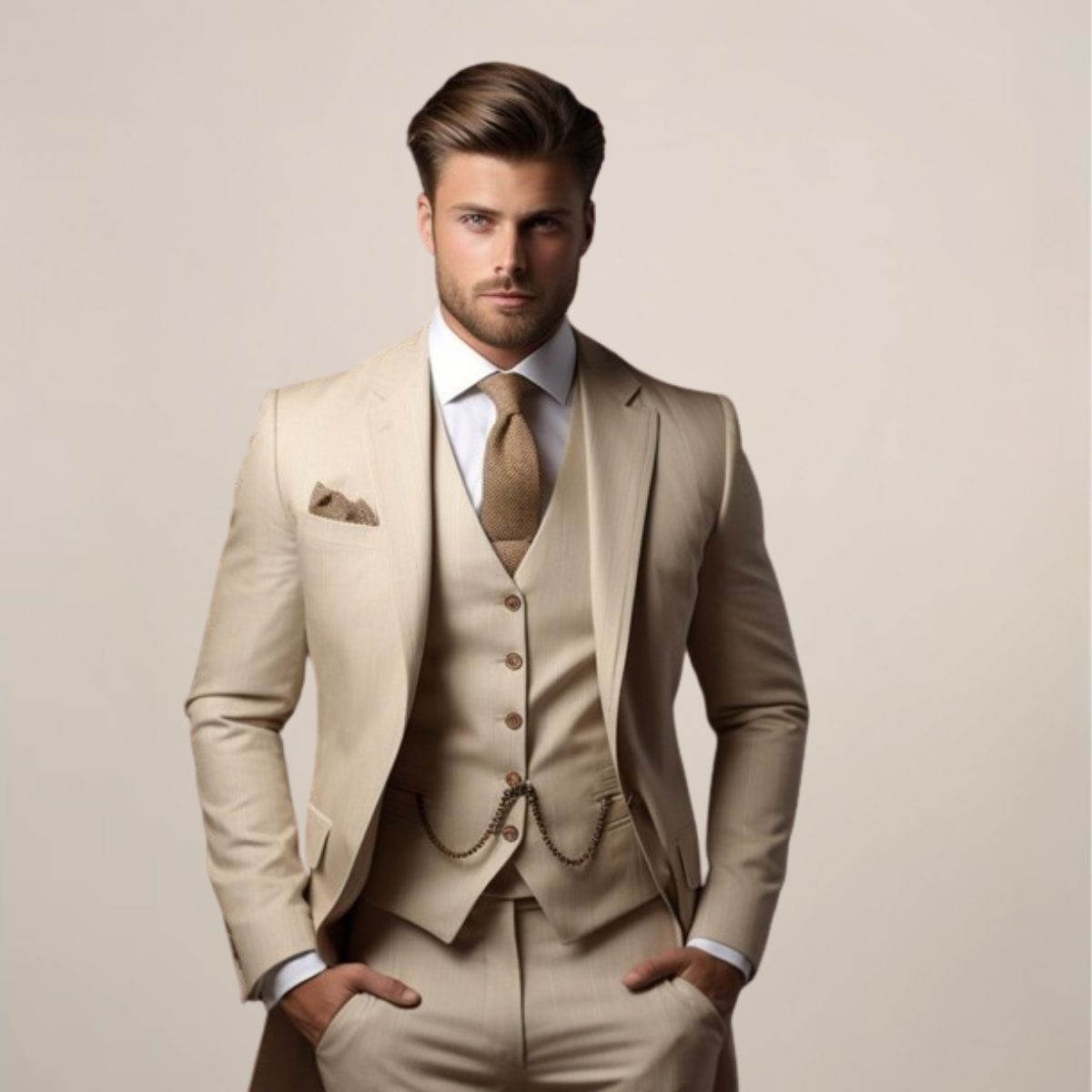 Three-Piece Double-Breasted Suit for Men - Beige