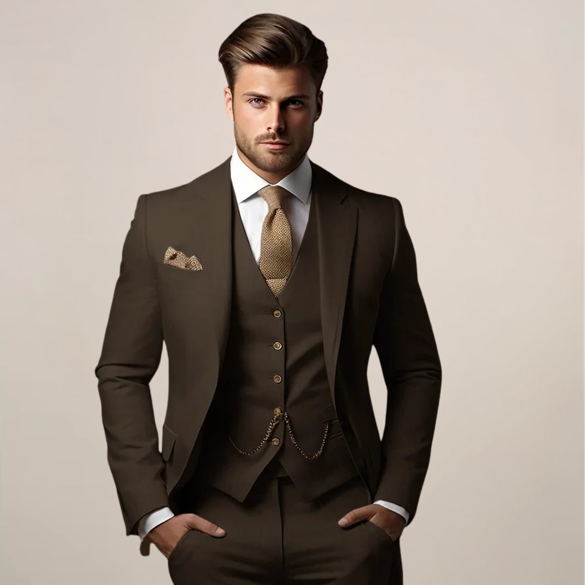 Three-Piece Double-Breasted Suit for Men - Coffee