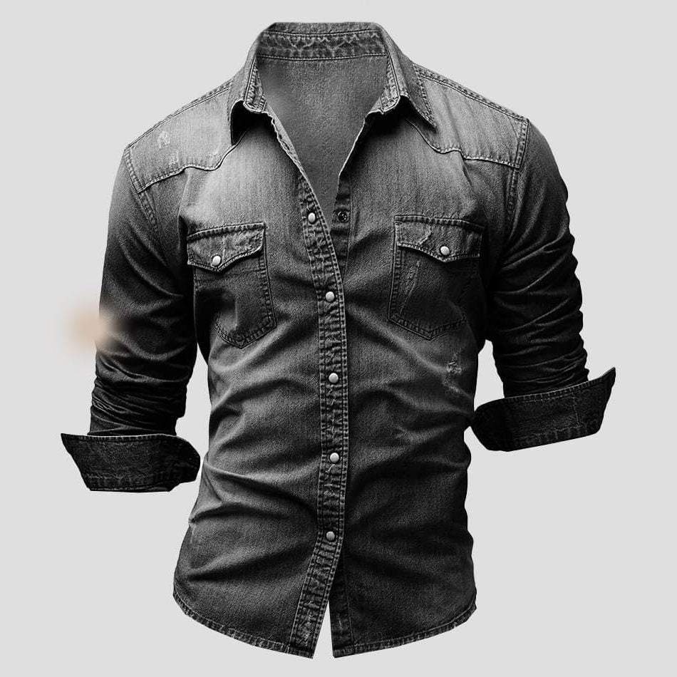 Vintage Denim Button-Down Shirt for Men - Dark Gray