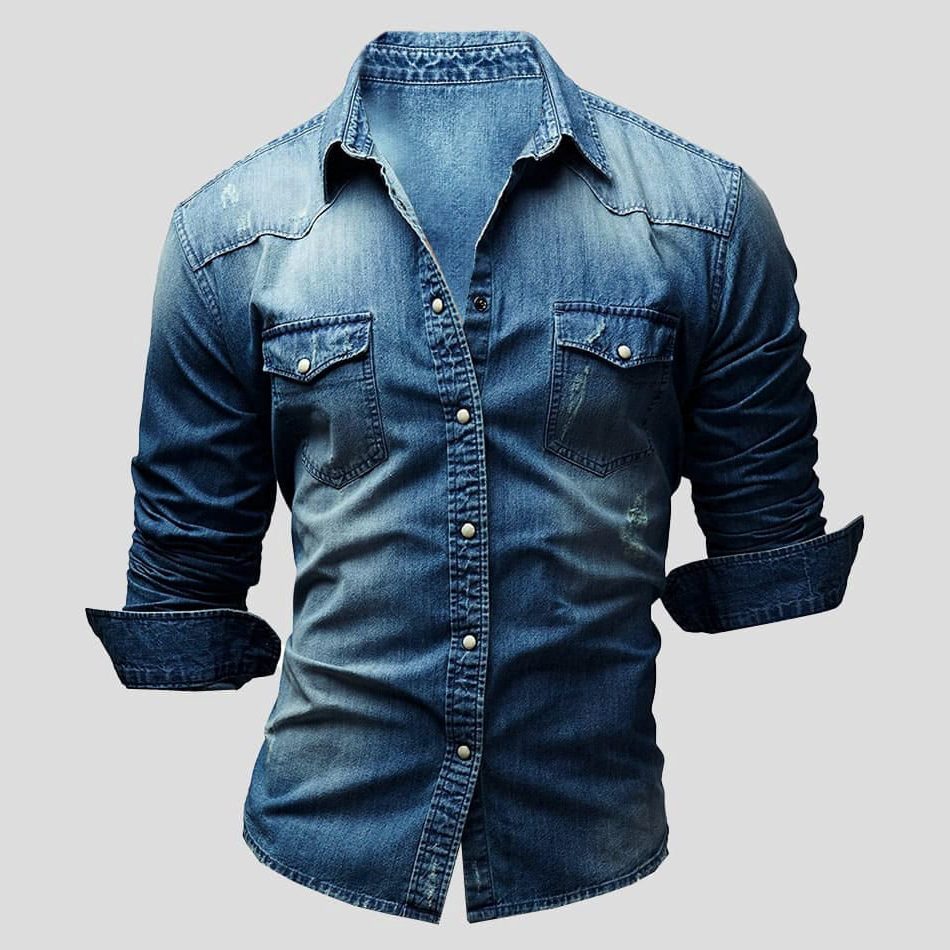 Vintage Denim Button-Down Shirt for Men - Dark Blue