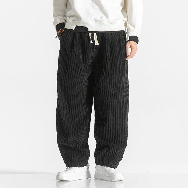 Ribbed Corduroy Relaxed Fit Trousers for Men - Black