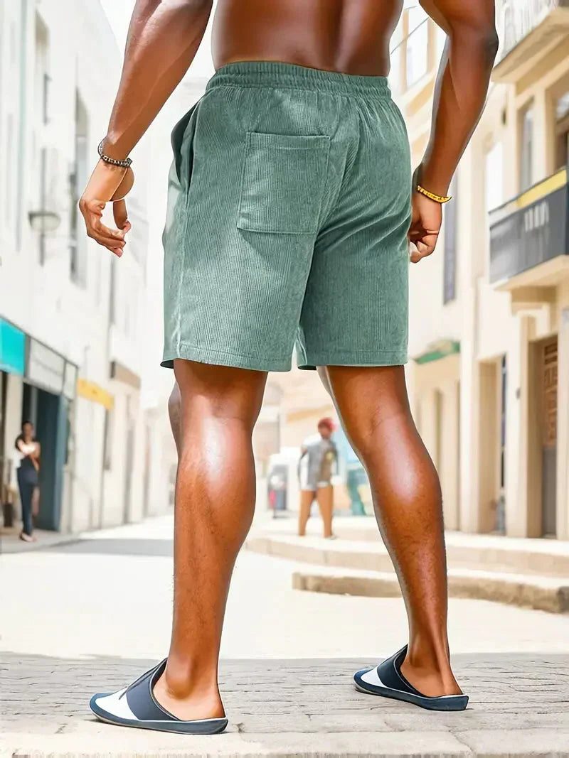 Ribbed Corduroy Shorts with Drawstring for Men - View 15