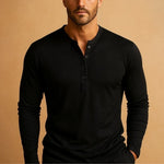 V-Neck Henley Long Sleeve Shirt for Men - Black