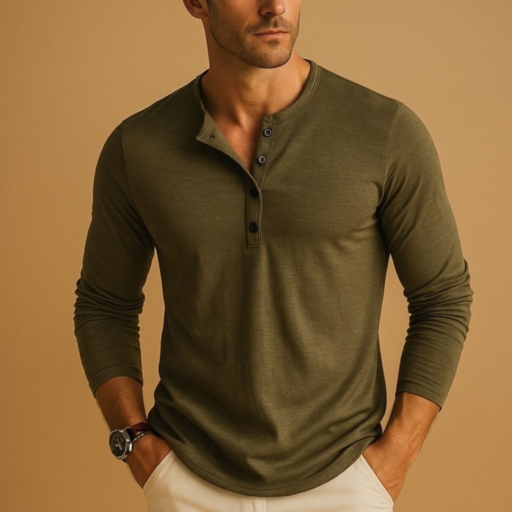 V-Neck Henley Long Sleeve Shirt for Men - Green
